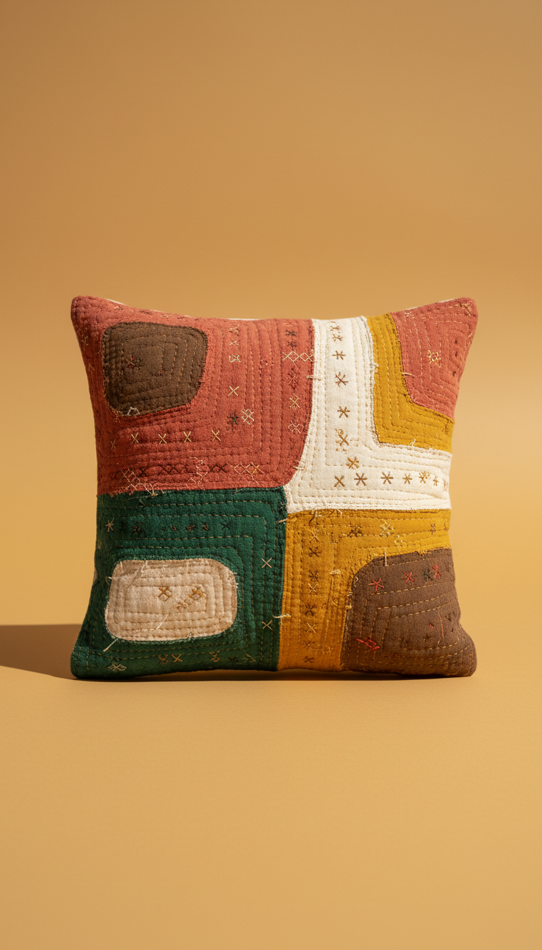 Earth Tone Hand-Stitched Textile Cushion